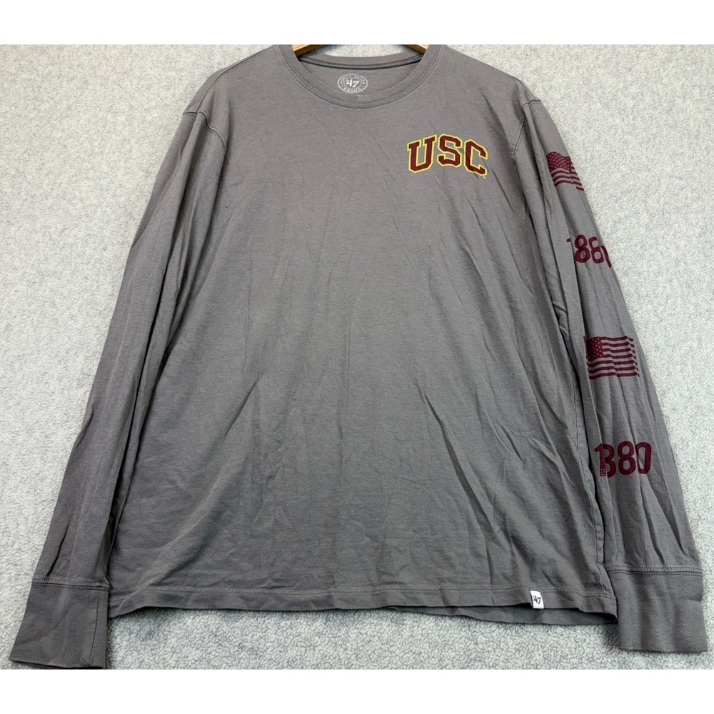 '47 Brand Mens USC Trojans T-Shirt Gray Graphic Cotton Long Sleeve Crewneck M